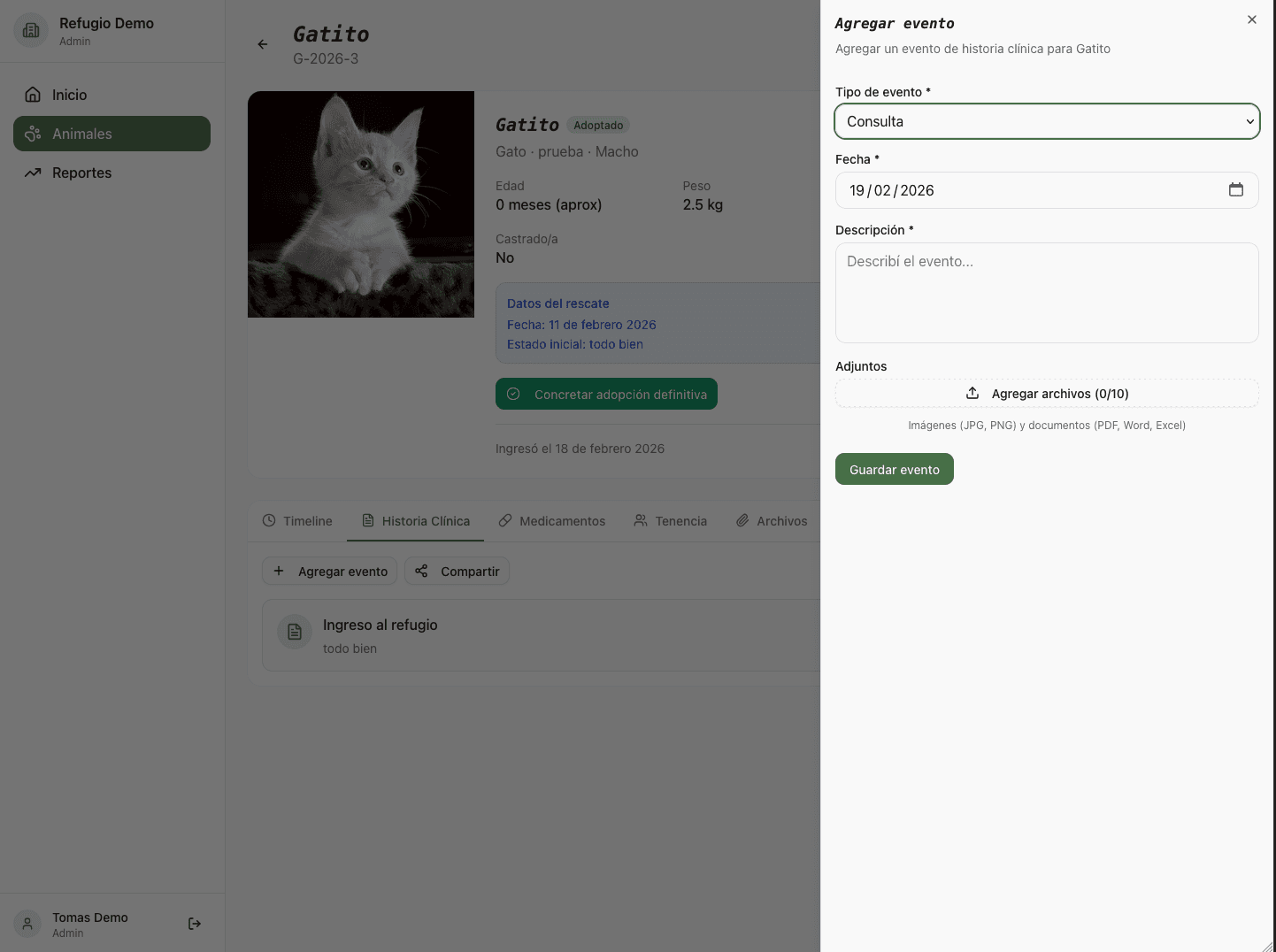 Pet detail with add event modal